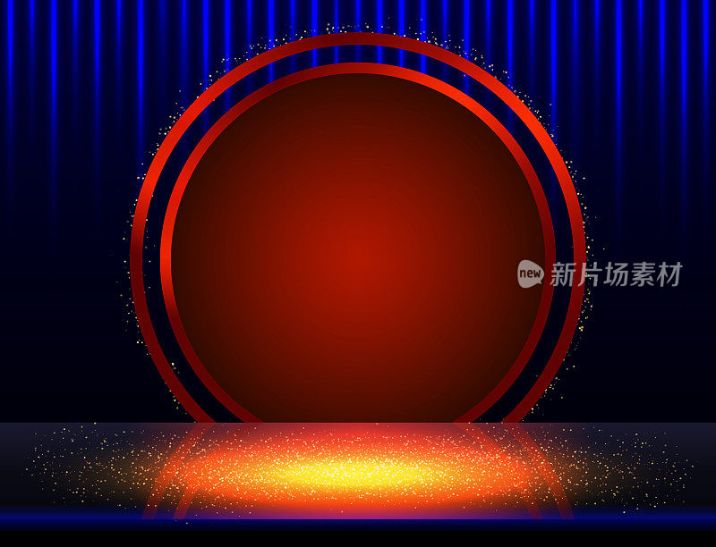 Vector empty blue neon shine table or room wall background with red round banner for design
